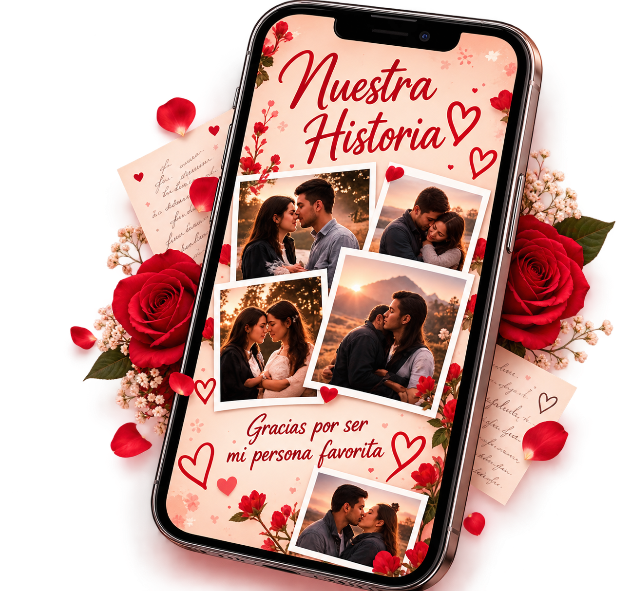 Celular con collage romántico Nuestra Historia